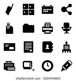 Solid vector icon set - suitcase vector, baggage room, schedule, share, attachment, folder, printer, office chair, envelope, agreement, contact book, bank building, sea hotel, monoblock pc, clock