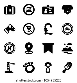 Solid vector icon set - suitcase vector, no computer sign, identity, dog, alcohol, pound, bike road, parking even, map pin, flag, mountains, lighthouse, beanbag