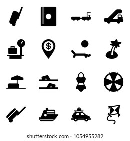 Solid vector icon set - suitcase vector, passport, baggage truck, trap, scales, dollar pin, lounger, palm, inflatable pool, flip flops, swimsuit, parasol, cruiser, car, kite
