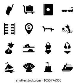 Solid vector icon set - suitcase vector, baggage, passport, truck, plane seats, dollar pin, lounger, palm, flip flops, swimsuit, sail boat, shell, sand castle, cruiser