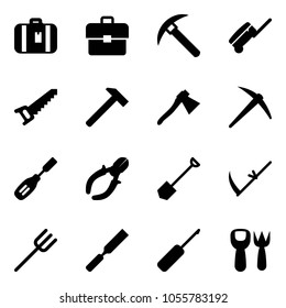 Solid vector icon set - suitcase vector, portfolio, rock axe, saw, hammer, chisel, side cutters, shovel, scythe, farm fork, rasp, awl, toy