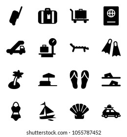 Solid vector icon set - suitcase vector, baggage, passport, trap truck, scales, lounger, flippers, palm, inflatable pool, flip flops, swimsuit, sail boat, shell, car
