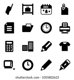 Solid vector icon set - suitcase vector, baggage room, christmas calendar, attachment, document, folder, time, printer, calculator, building, highlight marker, t shirt, monoblock pc, clock, pencil