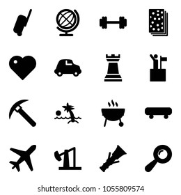 Solid vector icon set - suitcase vector, globe, barbell, breads, heart, car, chess tower, win, rock axe, palm, grill, skateboard, plane, oil derrick, dowel, beanbag