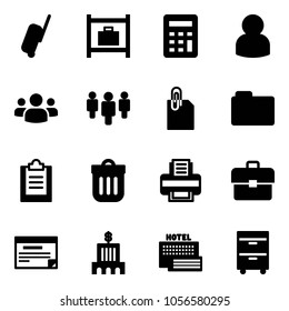 Solid vector icon set - suitcase vector, baggage room, calculator, user, group, attachment, folder, clipboard, trash bin, printer, portfolio, schedule, bank building, sea hotel, tool cabinet