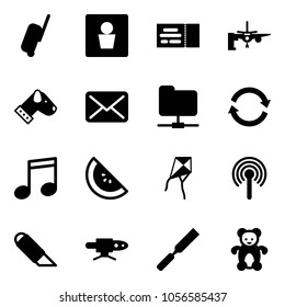 Solid vector icon set - suitcase vector, male wc, ticket, boarding passengers, dog, mail, network folder, refresh, music, watermelone, kite, antenna, work knife, pipe welding, rasp, bear toy