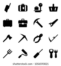Solid vector icon set - suitcase vector, baggage scales, basket, case, portfolio, rock axe, saw, side cutters, scythe, farm fork, paint roller, awl, shovel toy