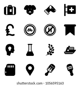 Solid vector icon set - suitcase vector, dog, first aid room, pound, no bike road sign, parking even, flag, head bulb, flask, golden branch, cruiser, micro flash card, navigation pin, beanbag