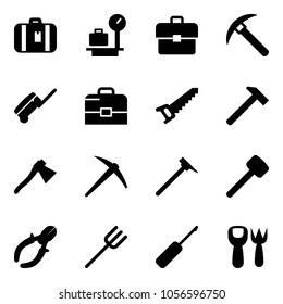 Solid vector icon set - suitcase vector, baggage scales, portfolio, rock axe, case, saw, hammer, mason, rubber, side cutters, farm fork, awl, shovel toy