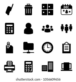 Solid vector icon set - suitcase vector, trash bin, baggage room, christmas calendar, calculator, user, group, attachment, network folder, time, clipboard, printer, building, doors