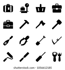Solid vector icon set - suitcase vector, baggage scales, basket, portfolio, case, hammer, axe, rubber, chisel, side cutters, shovel, scythe, paint roller, rasp, awl, fork toy