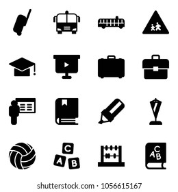 Solid vector icon set - suitcase vector, airport bus, children road sign, graduate hat, presentation board, case, portfolio, book, highlight marker, pennant, volleyball, abc cube, abacus