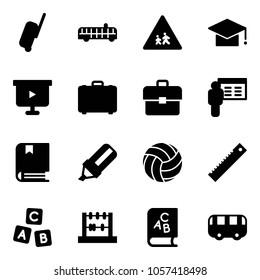 Solid vector icon set - suitcase vector, airport bus, children road sign, graduate hat, presentation board, case, portfolio, book, highlight marker, volleyball, ruler, abc cube, abacus, toy