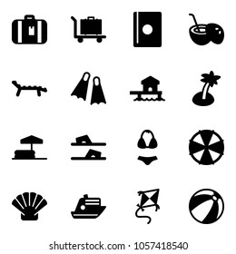 Solid vector icon set - suitcase vector, baggage, passport, coconut cocktail, lounger, flippers, bungalow, palm, inflatable pool, flip flops, swimsuit, parasol, shell, cruiser, kite, beach ball