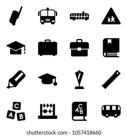 Solid vector icon set - suitcase vector, airport bus, children road sign, graduate hat, case, portfolio, book, highlight marker, pennant, ruler, abc cube, abacus, toy