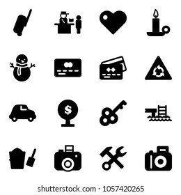 Solid vector icon set - suitcase vector, passport control, heart, candle, snowman, credit card, round motion road sign, car, money tree, key, pool, bucket scoop, camera, wrench hammer