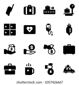 Solid vector icon set - suitcase vector, baggage, scales, room, first aid kit, drop counter, investment, encashment, case, portfolio, green tea, rich, car