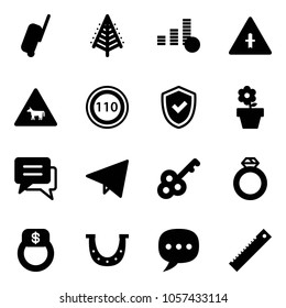 Solid vector icon set - suitcase vector, christmas tree, coin, intersection road sign, cow, speed limit 110, shield check, flower pot, chat, paper fly, key, diamond ring, finger, luck, ruler