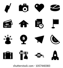 Solid vector icon set - suitcase vector, camera, heart, pill, credit card, home, history, flag, idea, money tree, paper fly, watermelone, ship bell, jack, rocket