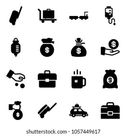 Solid vector icon set - suitcase vector, baggage, truck, drop counter, money bag, investment, portfolio, green tea, rich, car, case