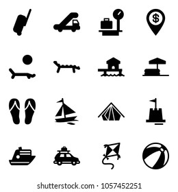 Solid vector icon set - suitcase vector, trap truck, baggage scales, dollar pin, lounger, bungalow, inflatable pool, flip flops, sail boat, tent, sand castle, cruiser, car, kite, beach ball