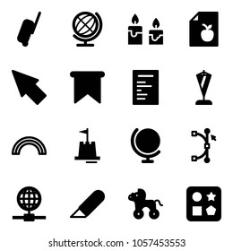Solid vector icon set - suitcase vector, globe, candle, diet list, cursor, flag, document, pennant, rainbow, sand castle, bezier, work knife, wheel horse, cube hole toy