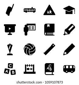 Solid vector icon set - suitcase vector, airport bus, children road sign, graduate hat, presentation board, book, highlight marker, pennant, volleyball, ruler, pencil, abc cube, abacus, toy