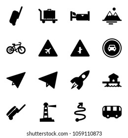 Solid vector icon set - suitcase vector, baggage, hotel, mountains, bike, airport road sign, intersection, no car, paper plane, fly, rocket, bungalow, lighthouse, trip, toy bus