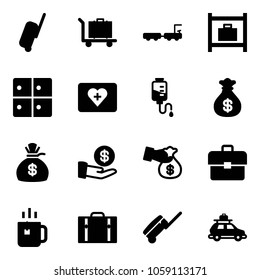 Solid vector icon set - suitcase vector, baggage, truck, room, first aid kit, drop counter, money bag, investment, encashment, portfolio, green tea, car