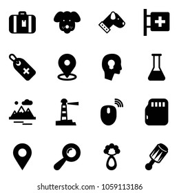 Solid vector icon set - suitcase vector, dog, first aid room, medical label, map pin, head bulb, flask, mountains, lighthouse, mouse wireless, micro flash card, navigation, beanbag