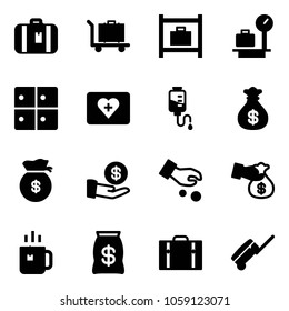 Solid vector icon set - suitcase vector, baggage, room, scales, first aid kit, drop counter, money bag, investment, encashment, green tea