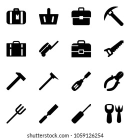 Solid vector icon set - suitcase vector, basket, portfolio, rock axe, case, saw, hammer, mason, chisel, side cutters, farm fork, rasp, awl, shovel toy