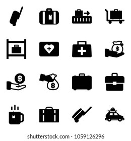 Solid vector icon set - suitcase vector, baggage, room, first aid kit, doctor bag, investment, encashment, case, portfolio, green tea, car