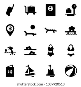 Solid vector icon set - suitcase vector, baggage, passport, scales, dollar pin, lounger, bungalow, palm, flip flops, swimsuit, sail boat, sand castle, beach ball