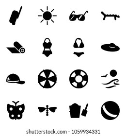 Solid vector icon set - suitcase vector, sun, sunglasses, lounger, mat, swimsuit, woman hat, cap, parasol, lifebuoy, waves, butterfly, dragonfly, bucket scoop, ball