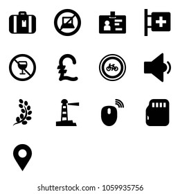 Solid vector icon set - suitcase vector, no computer sign, identity, first aid room, alcohol, pound, bike road, low volume, golden branch, lighthouse, mouse wireless, micro flash card