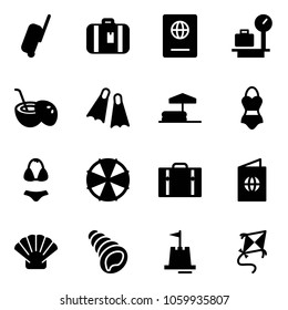 Solid vector icon set - suitcase vector, passport, baggage scales, coconut cocktail, flippers, inflatable pool, swimsuit, parasol, shell, sand castle, kite