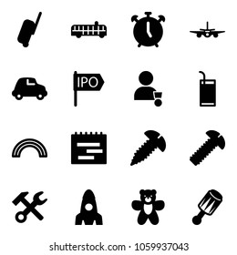 Solid vector icon set - suitcase vector, airport bus, alarm clock, plane, car, ipo, winner, drink, rainbow, terms plan, screw, wrench hammer, rocket, bear toy, beanbag