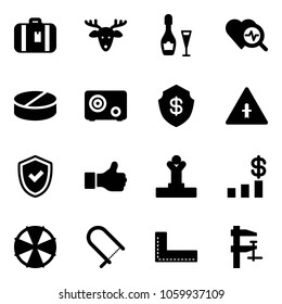 Solid vector icon set - suitcase vector, christmas deer, wine, heart diagnosis, pill, safe, intersection road sign, shield check, like, winner, dollar chart, parasol, fretsaw, corner ruler, clamp