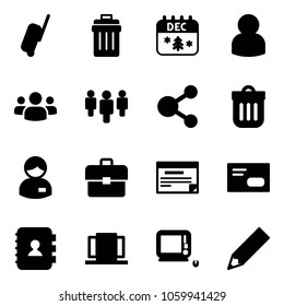 Solid vector icon set - suitcase vector, trash bin, christmas calendar, user, group, share, manager, portfolio, schedule, envelope, contact book, doors, monoblock pc, pencil