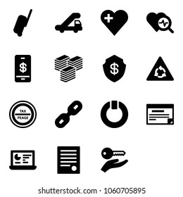 Solid vector icon set - suitcase vector, trap truck, heart, diagnosis, mobile payment, big cash, safe, round motion road sign, tax peage, link, standby, schedule, statistics monitor, agreement