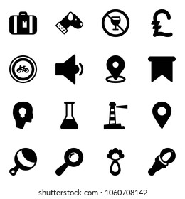 Solid vector icon set - suitcase vector, dog, no alcohol sign, pound, bike road, low volume, map pin, flag, head bulb, flask, lighthouse, navigation, beanbag
