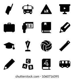 Solid vector icon set - suitcase vector, airport bus, children road sign, presentation board, case, book, highlight marker, graduate hat, pennant, volleyball, ruler, pencil, abc cube, toy