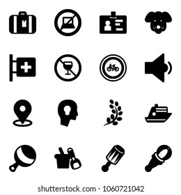 Solid vector icon set - suitcase vector, no computer sign, identity, dog, first aid room, alcohol, bike road, low volume, map pin, head bulb, golden branch, cruiser, beanbag, shovel bucket