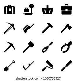 Solid vector icon set - suitcase vector, baggage scales, basket, portfolio, job, hammer, axe, rubber, chisel, side cutters, shovel, scythe, paint roller, rasp