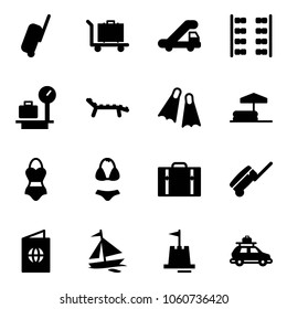 Solid vector icon set - suitcase vector, baggage, trap truck, plane seats, scales, lounger, flippers, inflatable pool, swimsuit, passport, sail boat, sand castle, car