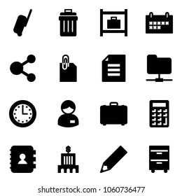 Solid vector icon set - suitcase vector, trash bin, baggage room, schedule, share, attachment, document, network folder, time, manager, case, calculator, contact book, bank building, pencil