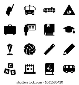 Solid vector icon set - suitcase vector, airport bus, children road sign, case, presentation, book, graduate hat, pennant, volleyball, ruler, pencil, abc cube, abacus, toy