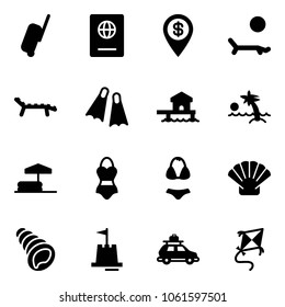 Solid vector icon set - suitcase vector, passport, dollar pin, lounger, flippers, bungalow, palm, inflatable pool, swimsuit, shell, sand castle, car baggage, kite