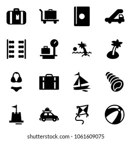Solid vector icon set - suitcase vector, baggage, passport, trap truck, plane seats, scales, palm, swimsuit, sail boat, shell, sand castle, car, kite, beach ball